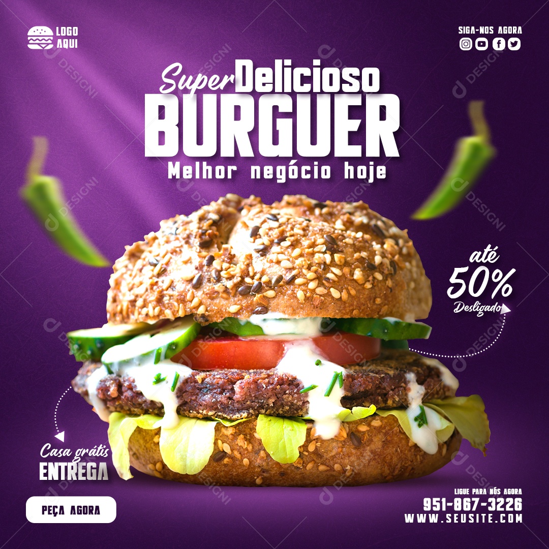 Delicioso Burguer Melhor Negócio Hoje Ate 50% Social Media PSD Editável