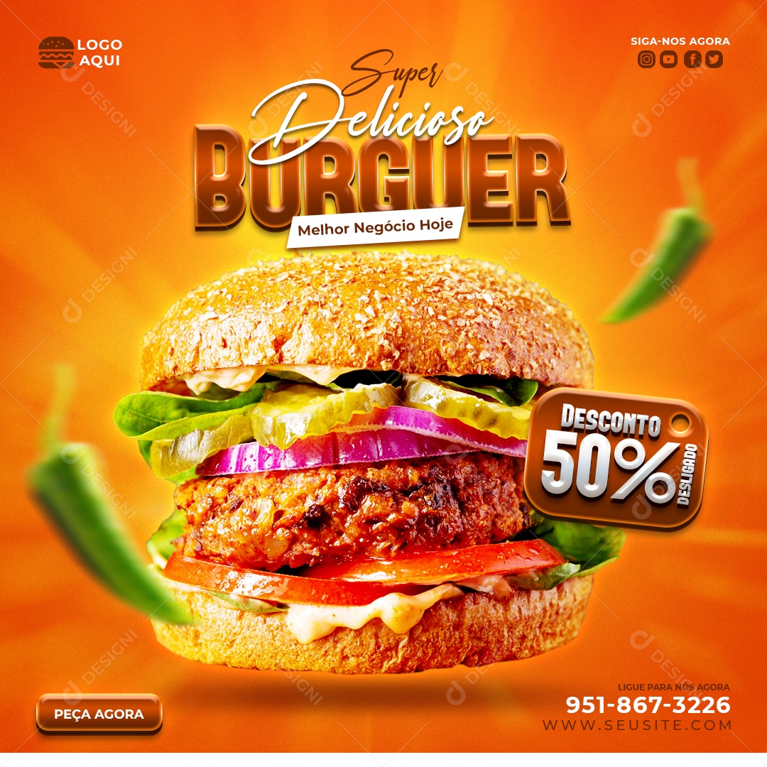 Super Delicioso Burguer Desconto 50% Social Media PSD Editável