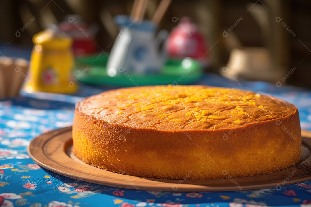 Bolo de milho ou fubá, tradicional festa junina caseira no Brasil, fundo rústico.