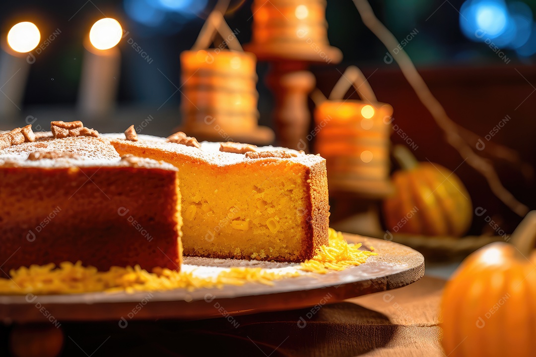 Bolo de milho ou fubá, tradicional festa junina caseira no Brasil, fundo rústico.