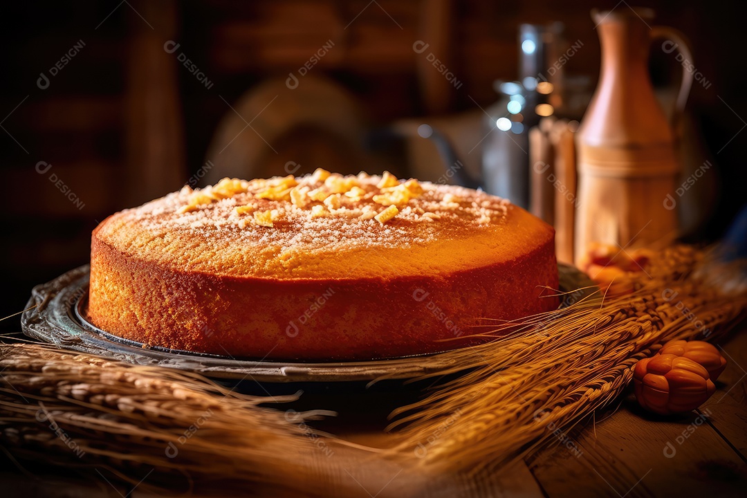 Bolo de milho ou fubá, tradicional festa junina caseira no Brasil, fundo rústico.