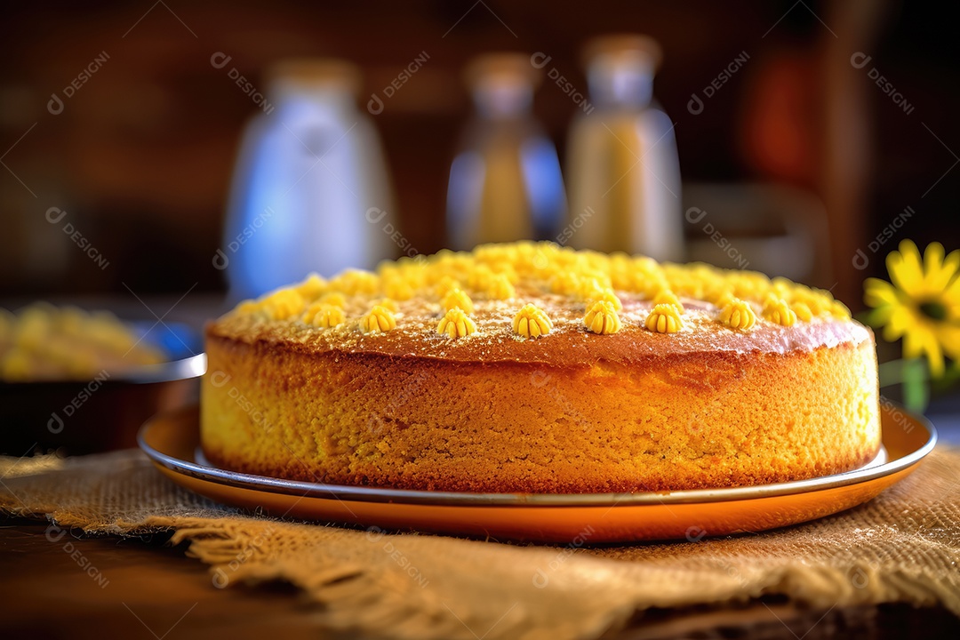 Bolo de milho ou fubá, tradicional festa junina caseira no Brasil, fundo rústico.