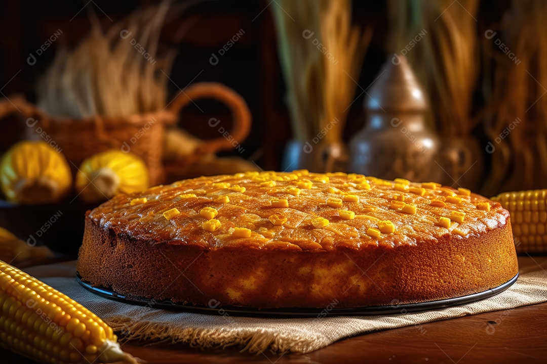 Bolo de milho ou fubá, tradicional festa junina caseira no Brasil, fundo rústico.