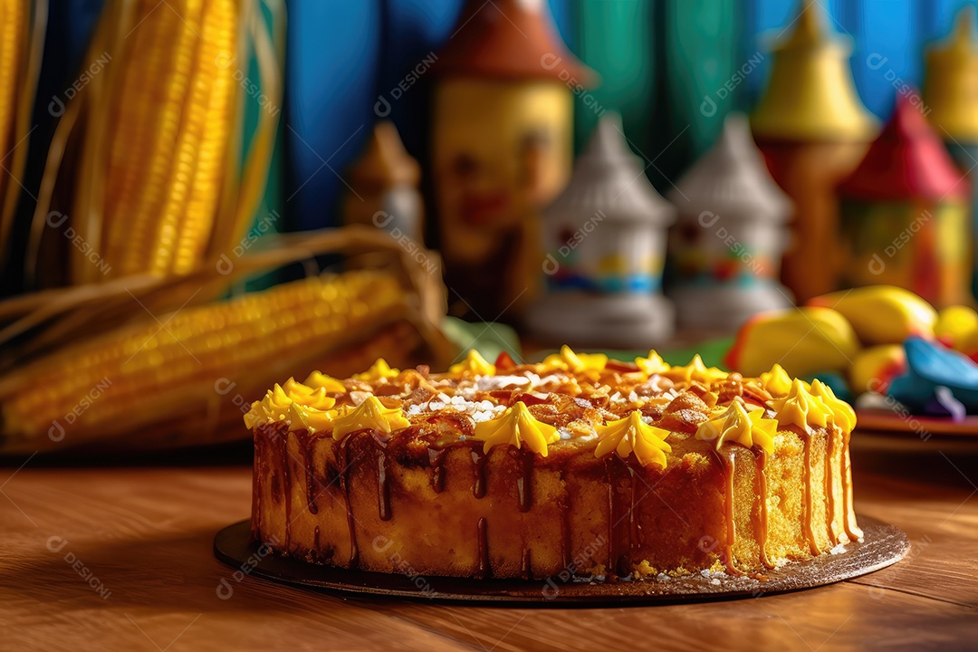 Bolo de milho ou fubá, tradicional festa junina caseira no Brasil, fundo rústico.