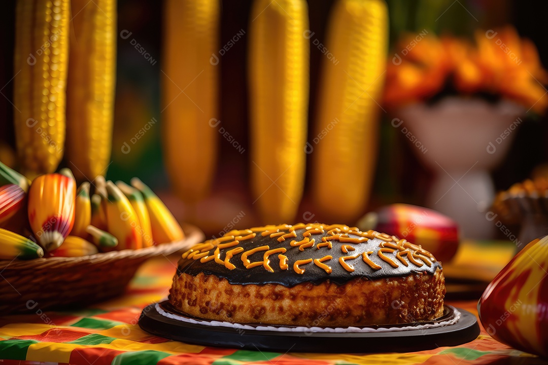 Bolo de milho ou fubá, tradicional festa junina caseira no Brasil, fundo rústico.