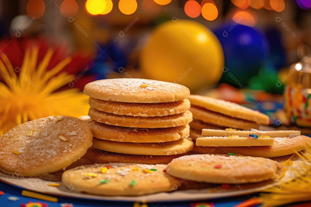 Biscoitos de milho ou fubá sobre uma mesa decorada para a tradicional Festa Junina. Festa de São João