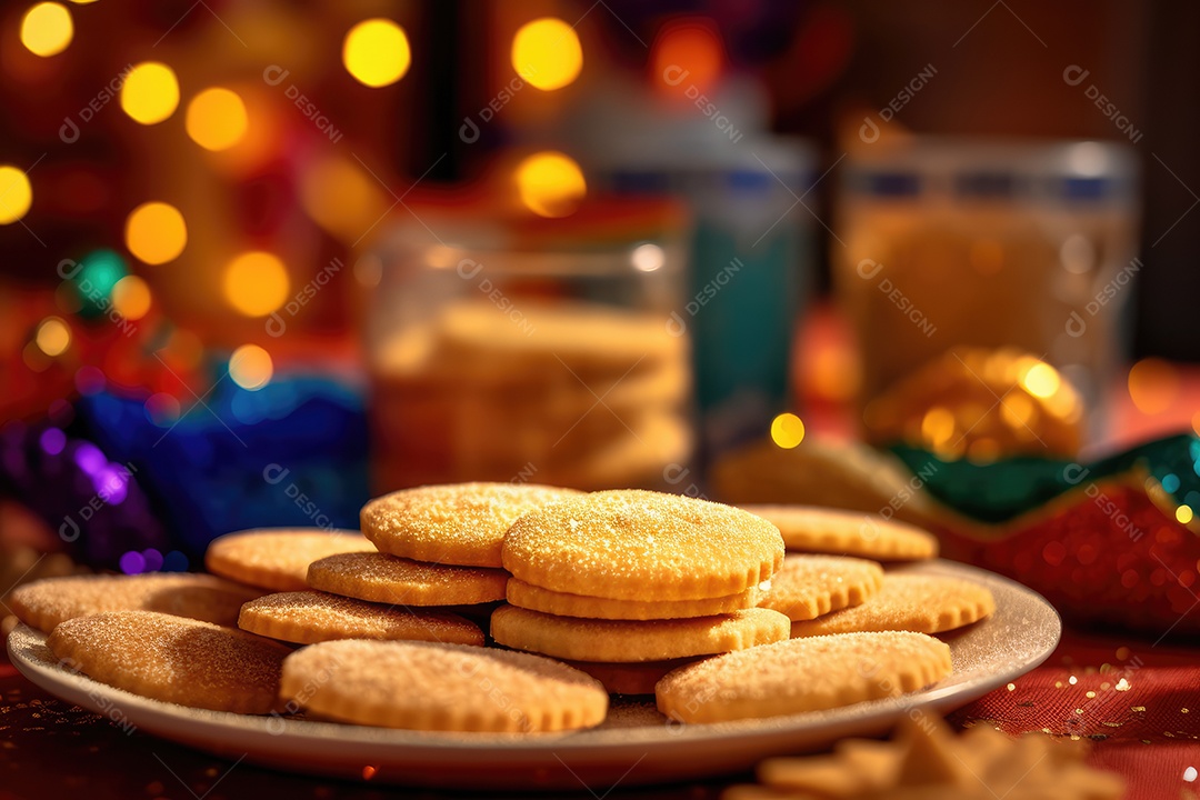 Biscoitos de milho ou fubá sobre uma mesa decorada para a tradicional Festa Junina. Festa de São João
