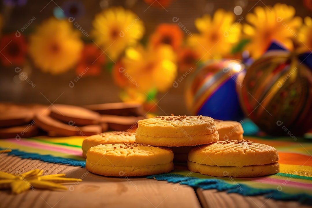 Biscoitos de milho ou fubá sobre uma mesa decorada para a tradicional Festa Junina. Festa de São João