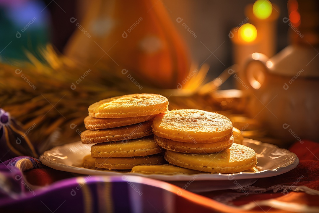 Biscoitos de milho ou fubá sobre uma mesa decorada para a tradicional Festa Junina. Festa de São João