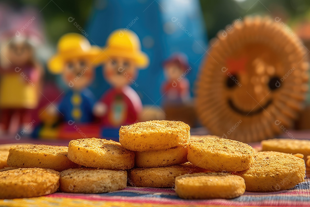 Biscoitos de milho ou fubá sobre uma mesa decorada para a tradicional Festa Junina. Festa de São João.