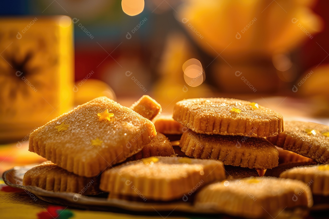 Biscoitos de milho ou fubá sobre uma mesa decorada para a tradicional Festa Junina. Festa de São João.