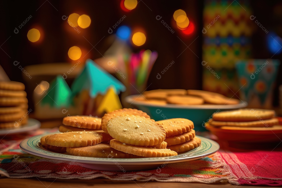 Biscoitos de milho ou fubá sobre uma mesa decorada para a tradicional Festa Junina. Festa de São João.