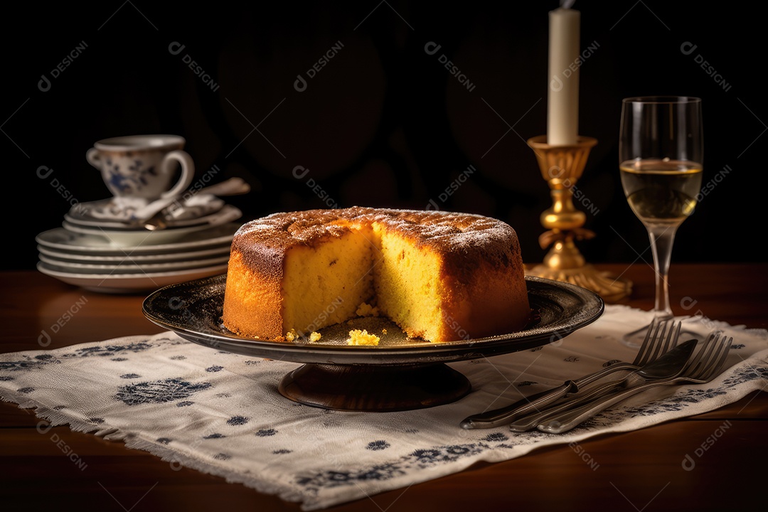 Bolo de milho ou fubá, tradicional festa junina caseira no Brasil, fundo rústico.