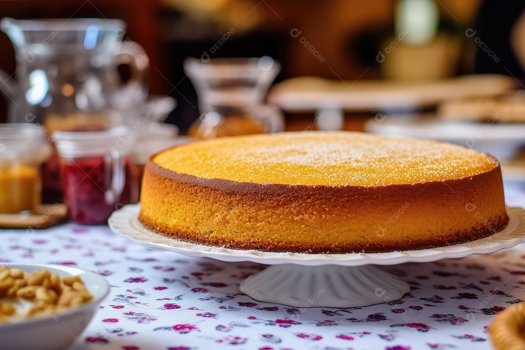 Bolo de milho ou fubá, tradicional festa junina caseira no Brasil, fundo rústico.