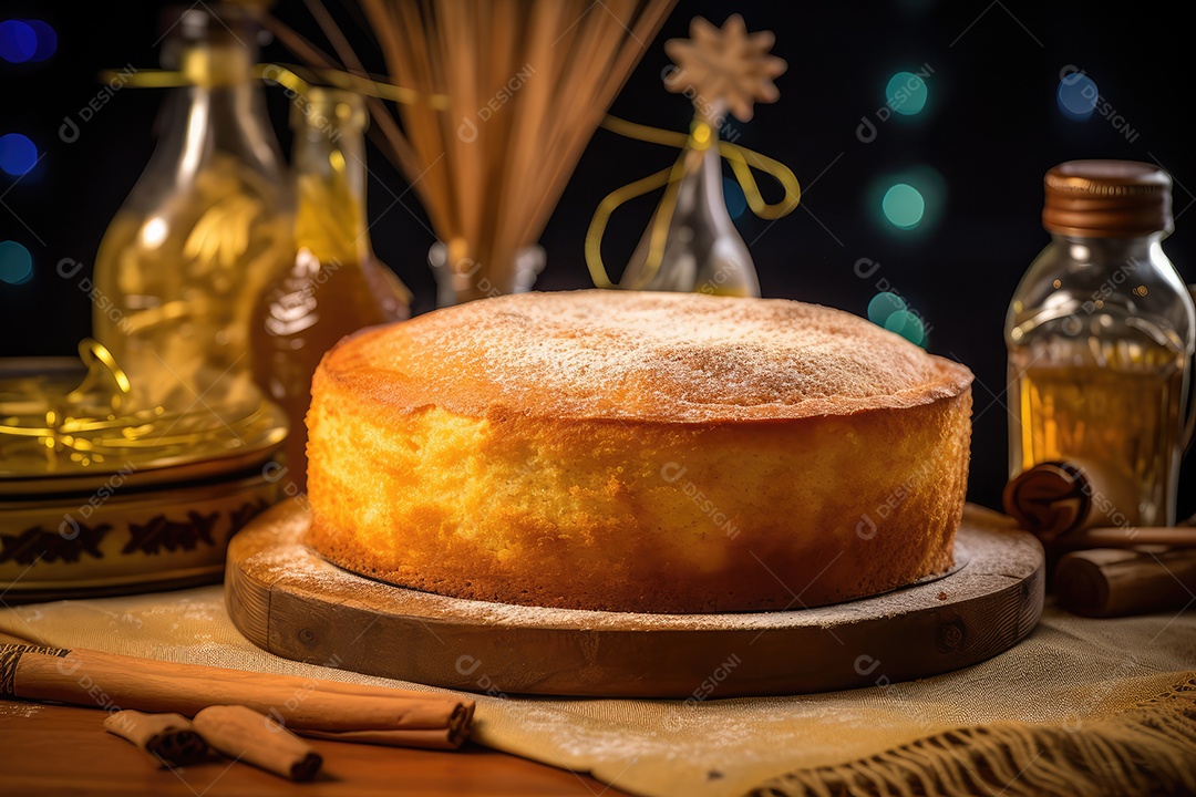 Bolo de milho ou fubá, tradicional festa junina caseira no Brasil, fundo rústico.