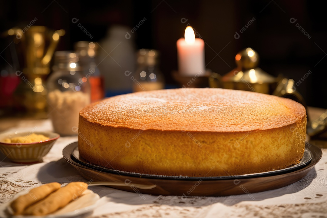 Bolo de milho ou fubá, tradicional festa junina caseira no Brasil, fundo rústico.