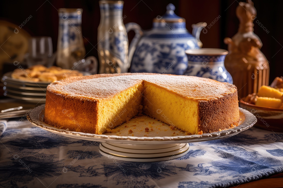 Bolo de milho ou fubá, tradicional festa junina caseira no Brasil, fundo rústico.