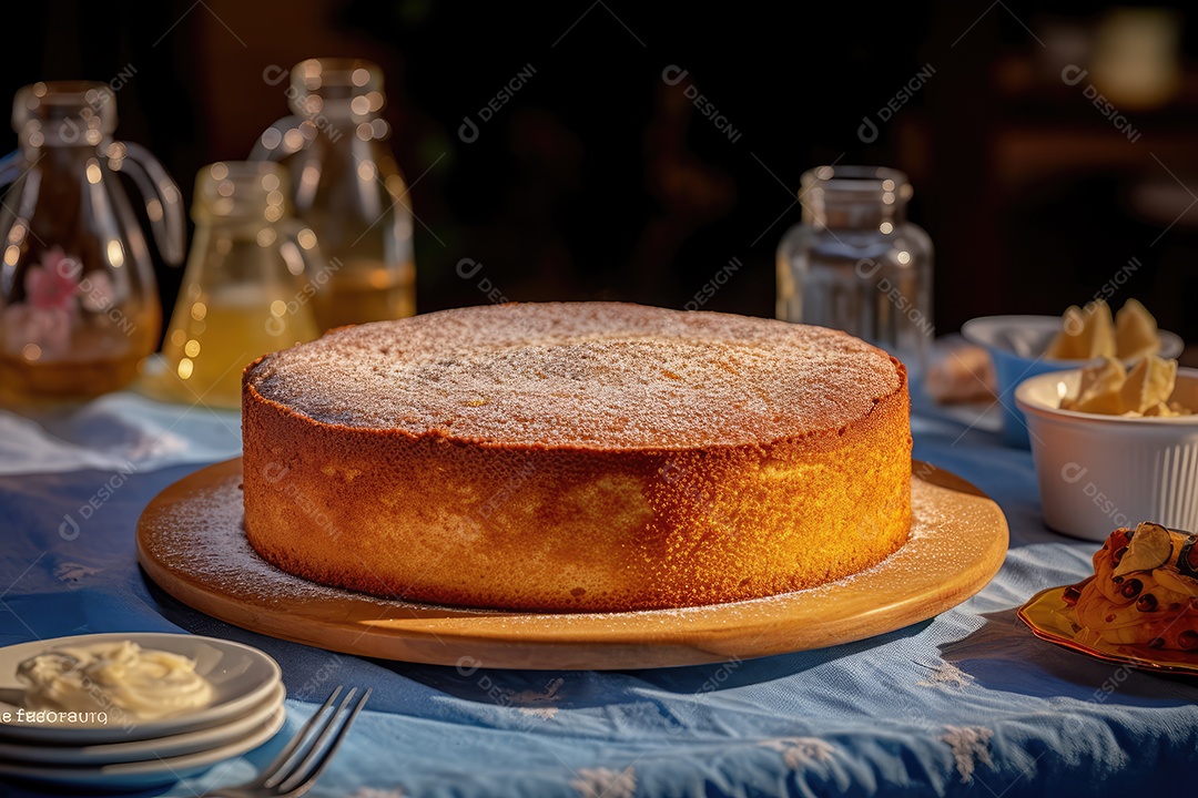 Bolo de milho ou fubá, tradicional festa junina caseira no Brasil, fundo rústico.