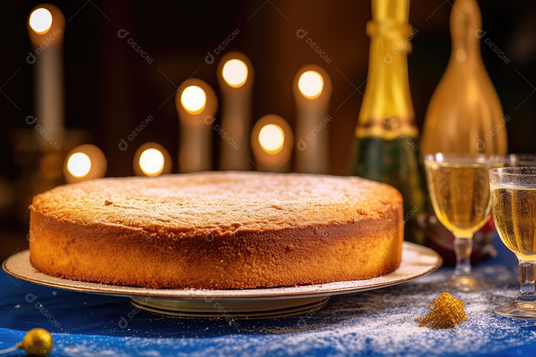 Bolo de milho ou fubá, tradicional festa junina caseira no Brasil, fundo rústico.