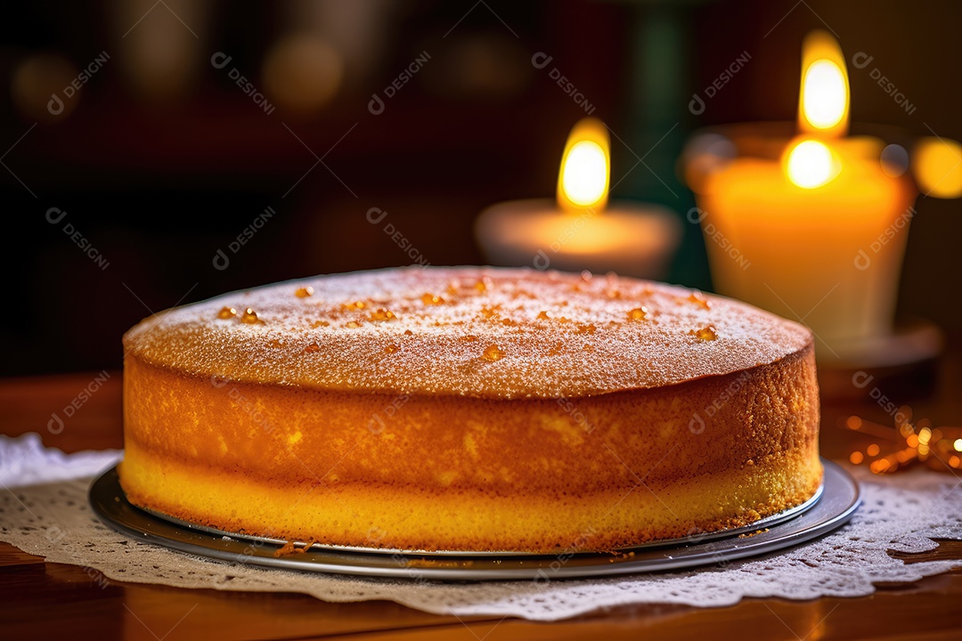 Bolo de milho ou fubá, tradicional festa junina caseira no Brasil, fundo rústico.