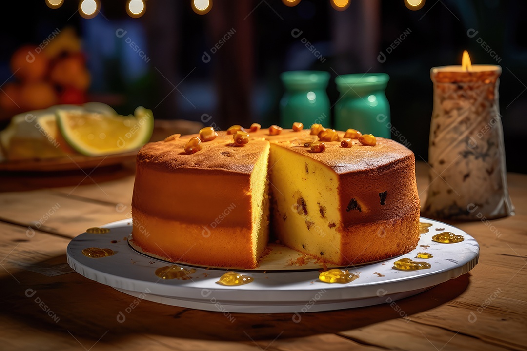 Bolo de milho ou fubá, tradicional festa junina caseira no Brasil, fundo rústico.