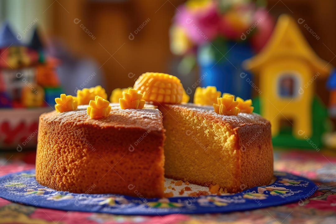 Bolo de milho ou fubá, tradicional festa junina caseira no Brasil, fundo rústico.