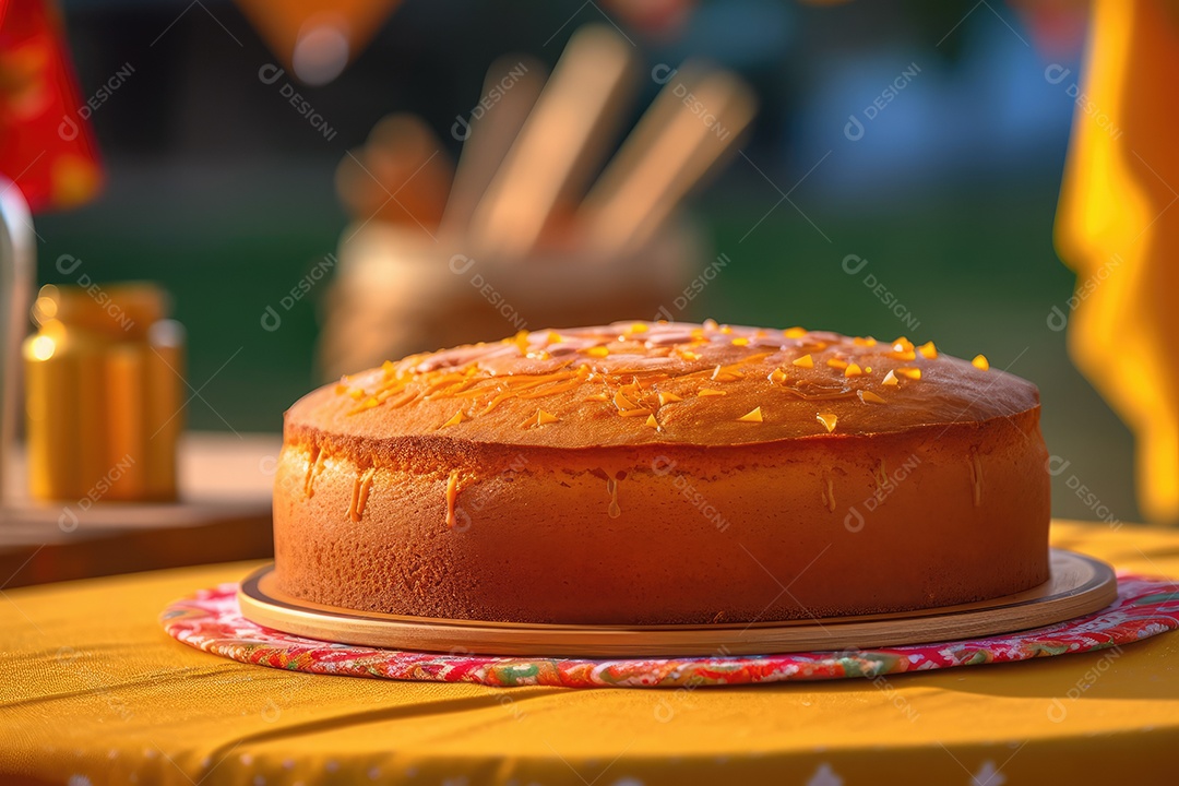 Bolo de milho ou fubá, tradicional festa junina caseira no Brasil, fundo rústico.