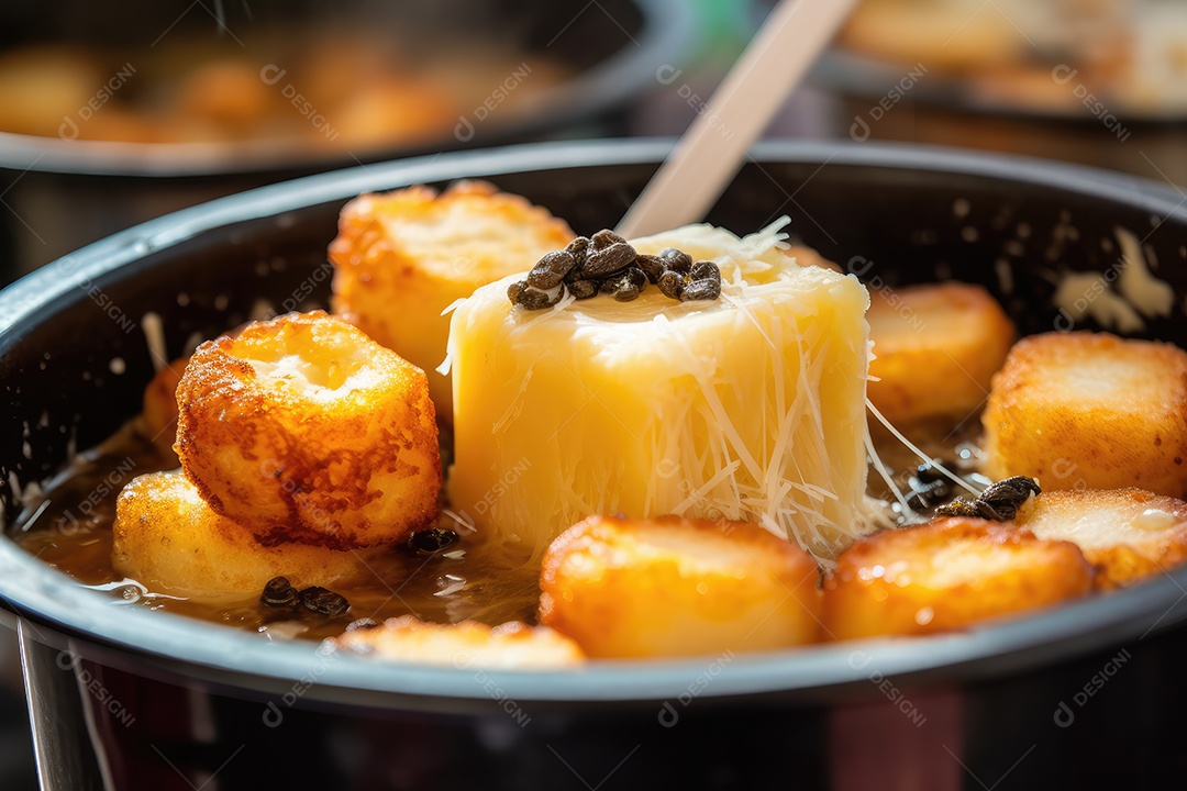 Dadinhos de tapioca fritos com queijo de coalho em mesa decorada para a festa junina. São João.