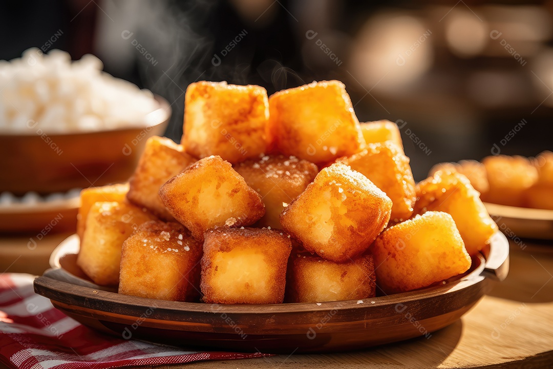 Dadinhos de tapioca fritos com queijo de coalho em mesa decorada para a festa junina. São João.