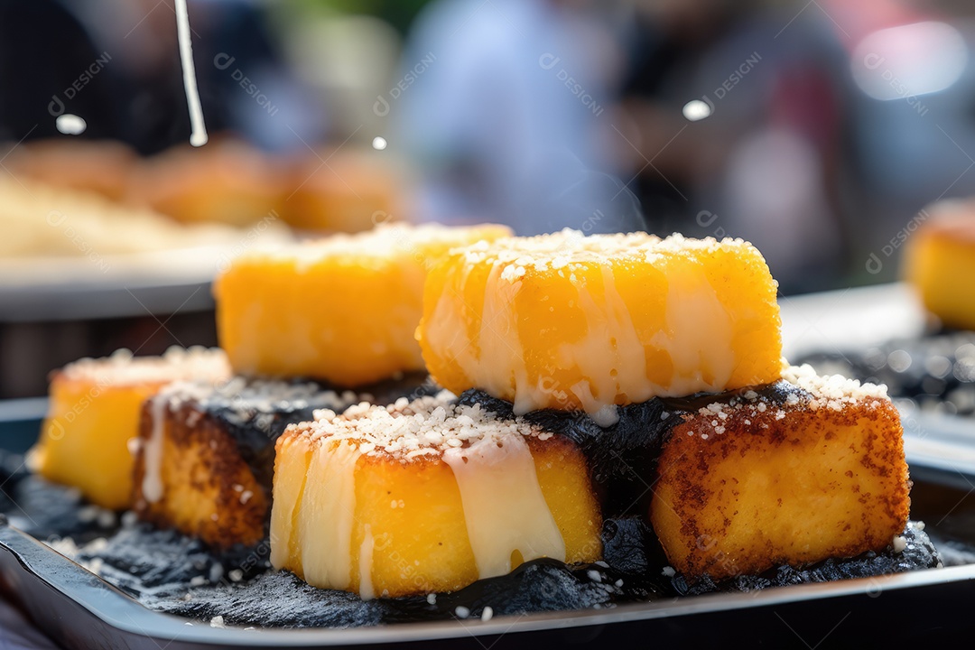 Dadinhos de tapioca fritos com queijo de coalho em mesa decorada para a festa junina. São João.
