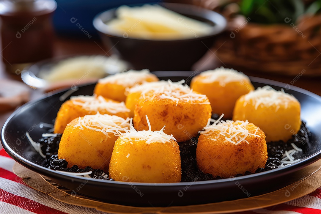 Dadinhos de tapioca fritos com queijo de coalho em mesa decorada para a festa junina. São João.