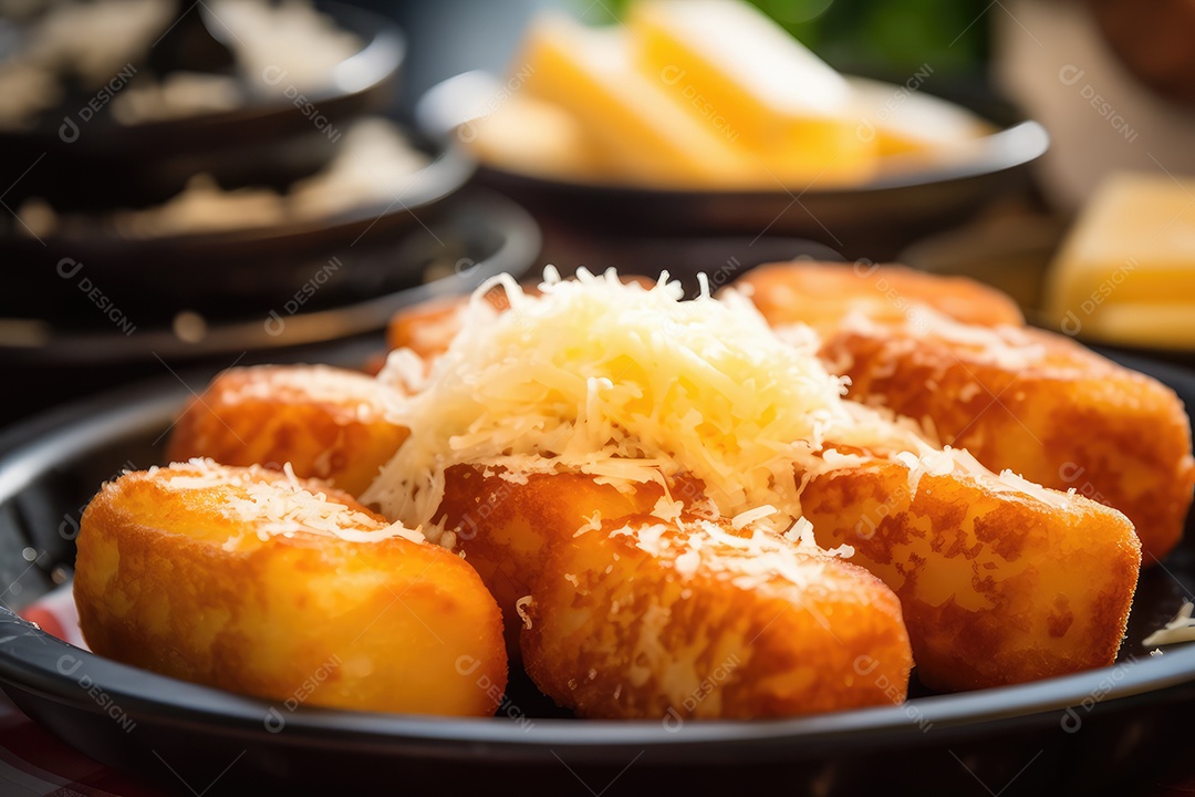 Dadinhos de tapioca fritos com queijo de coalho em mesa decorada para a festa junina. São João.