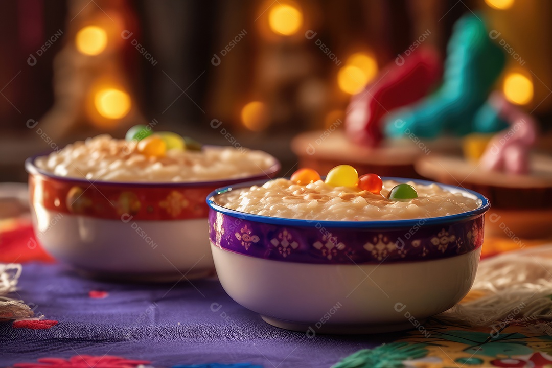 Pudim de arroz em uma mesa decorada para o festival de junho. São João.