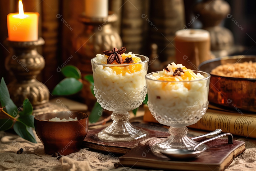 Pudim de arroz em uma mesa decorada para o festival de junho. São João.