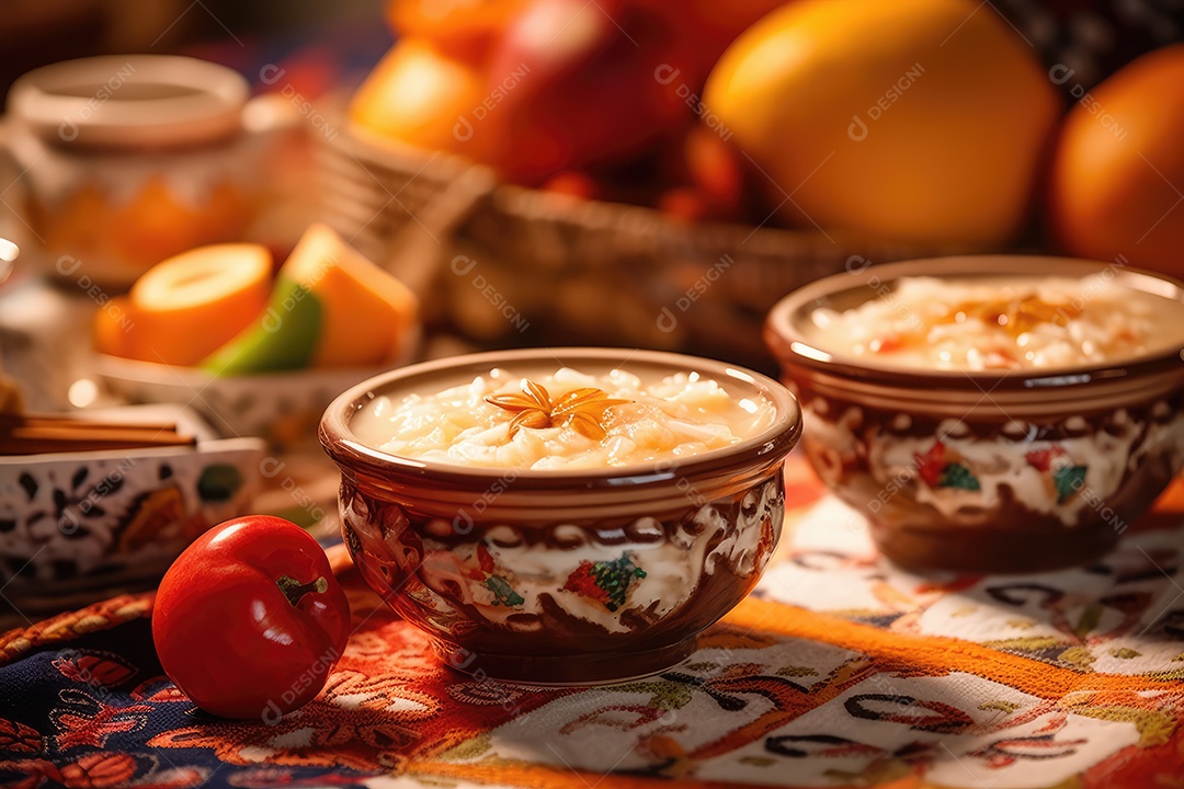 Pudim de arroz em uma mesa decorada para o festival de junho. São João. I