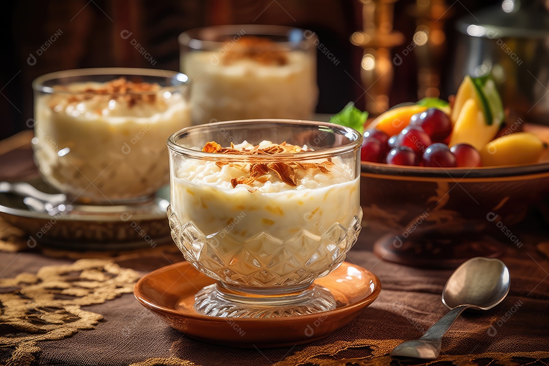 Pudim de arroz em uma mesa decorada para o festival de junho. São João. I