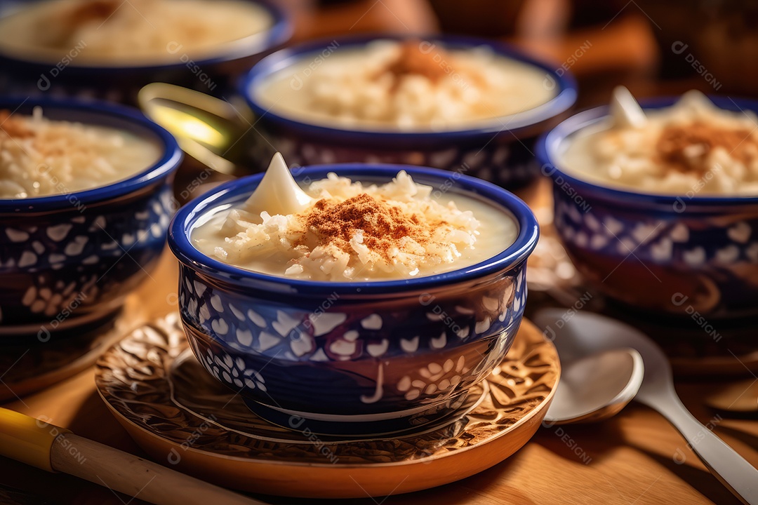 Pudim de arroz em uma mesa decorada para o festival de junho. São João. I
