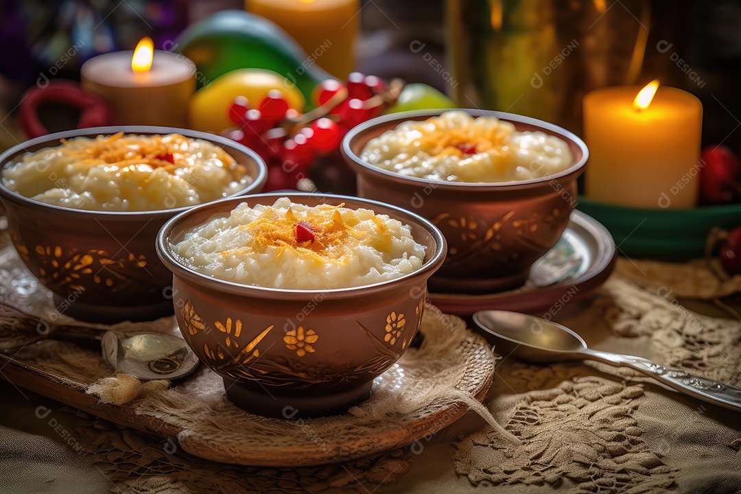 Pudim de arroz em uma mesa decorada para o festival de junho. São João. I