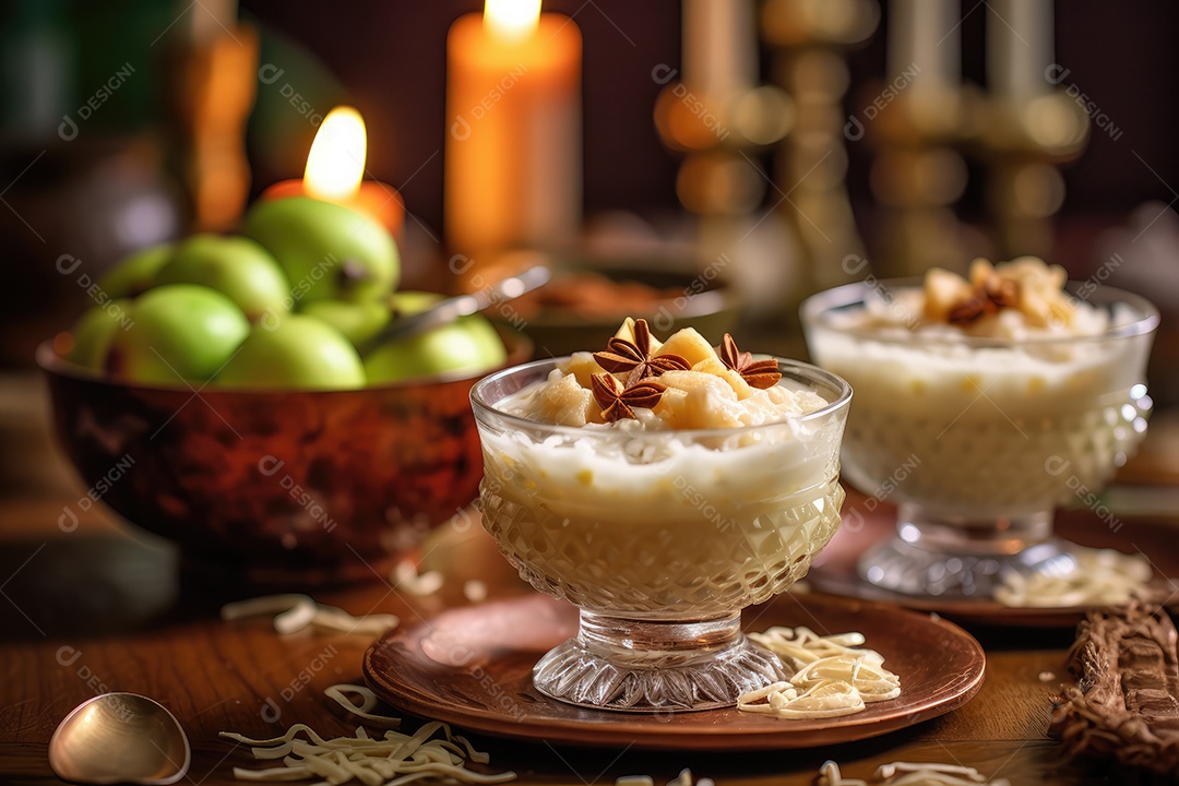 Pudim de arroz em uma mesa decorada para o festival de junho. São João. I