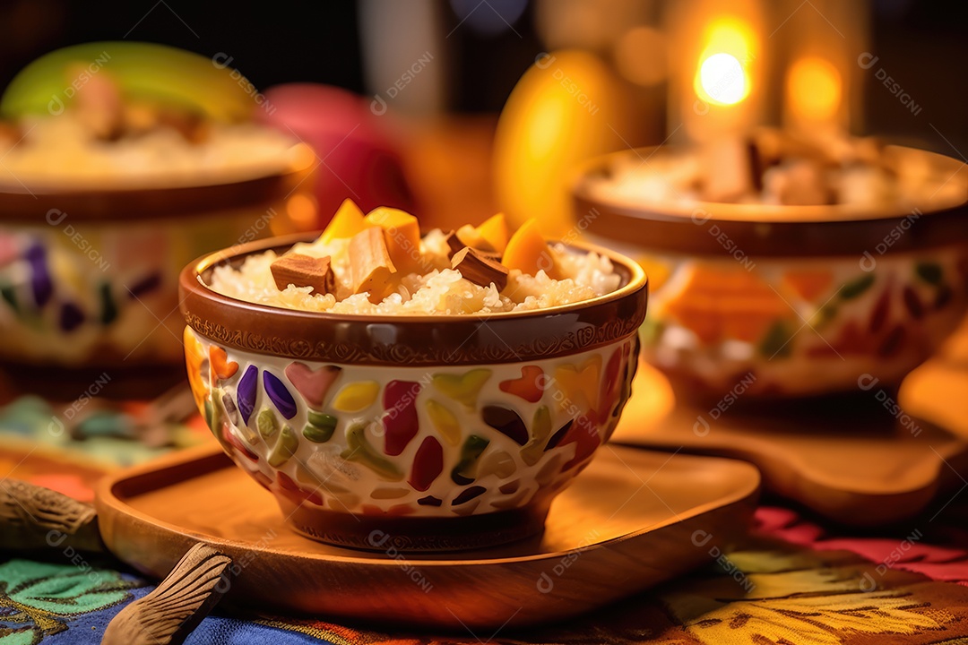 Pudim de arroz em uma mesa decorada para o festival de junho. São João. I
