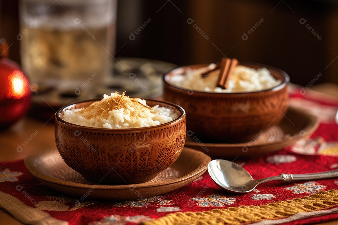 Pudim de arroz em uma mesa decorada para o festival de junho. São João. I