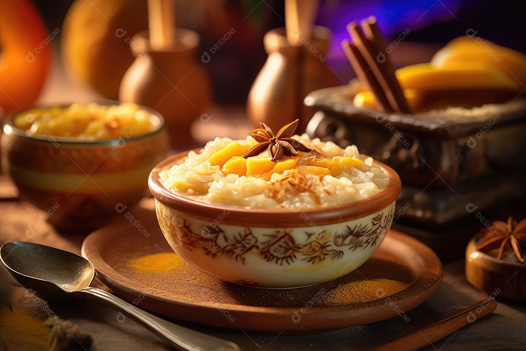 Pudim de arroz em uma mesa decorada para o festival de junho. São João. I