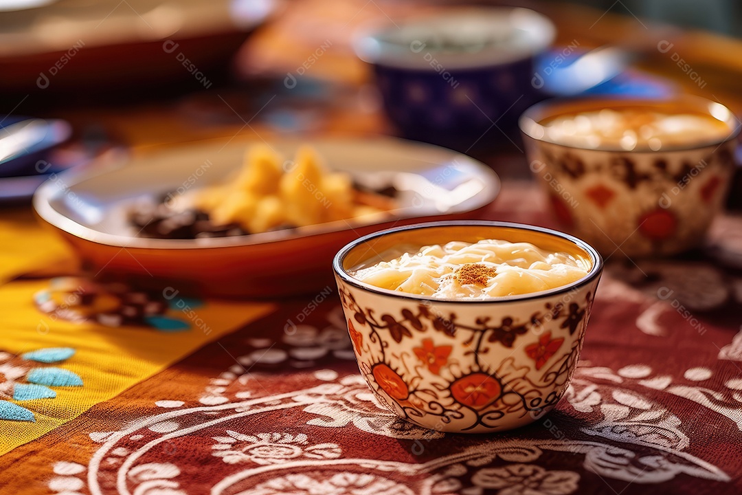 Pudim de arroz em uma mesa decorada para o festival de junho. São João. I