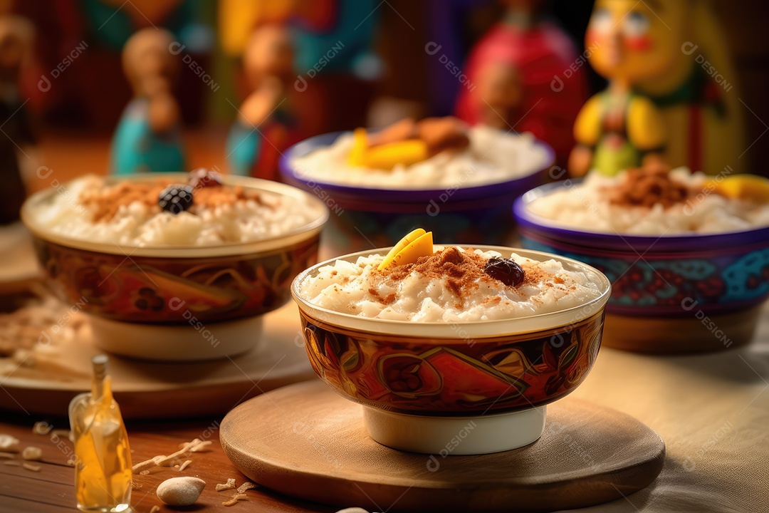 Pudim de arroz em uma mesa decorada para o festival de junho. São João.