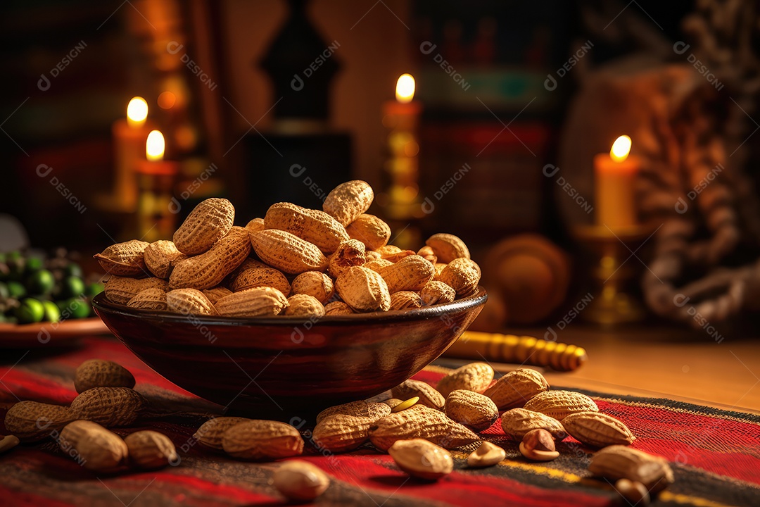 Amendoim doce, salgado e crocante em mesa decorada para a festa junina. São João.