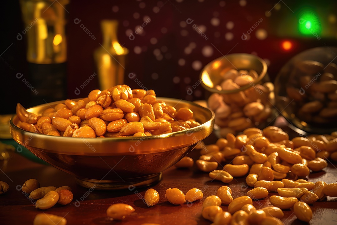 Amendoim doce, salgado e crocante em mesa decorada para a festa junina. São João.