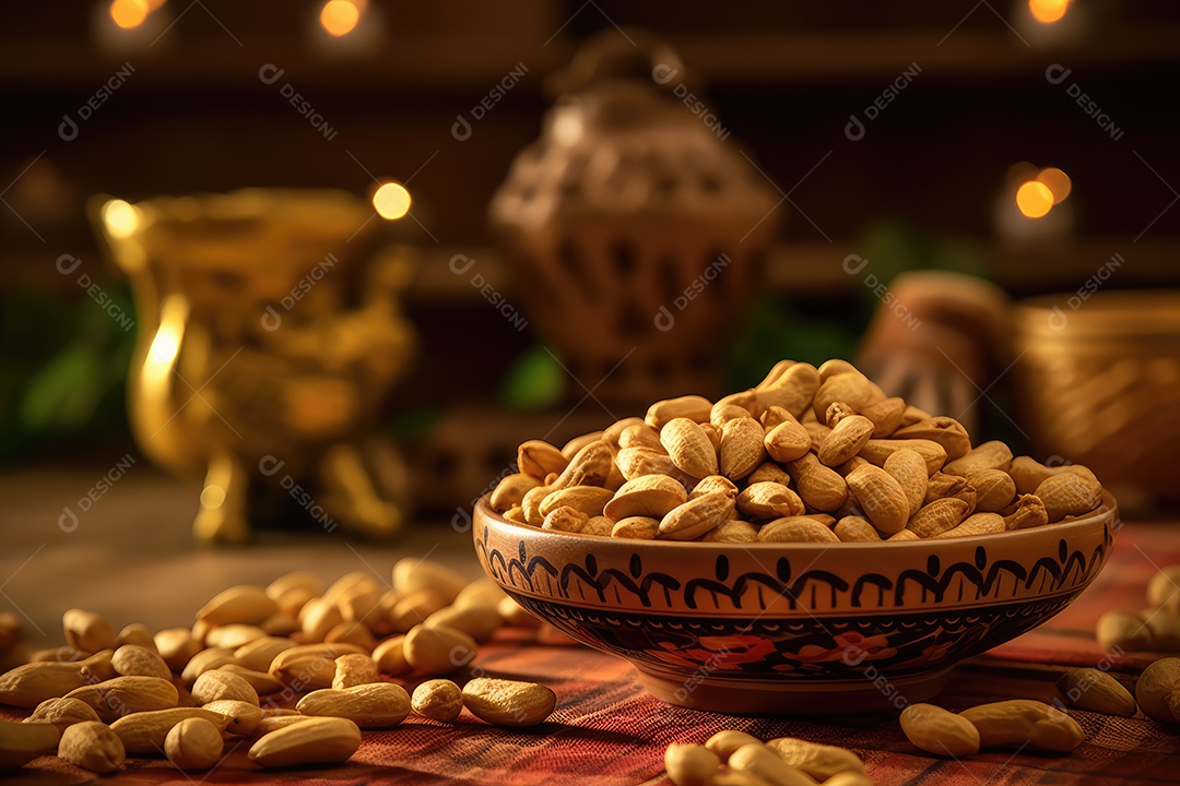 Amendoim doce, salgado e crocante em mesa decorada para a festa junina. São João.