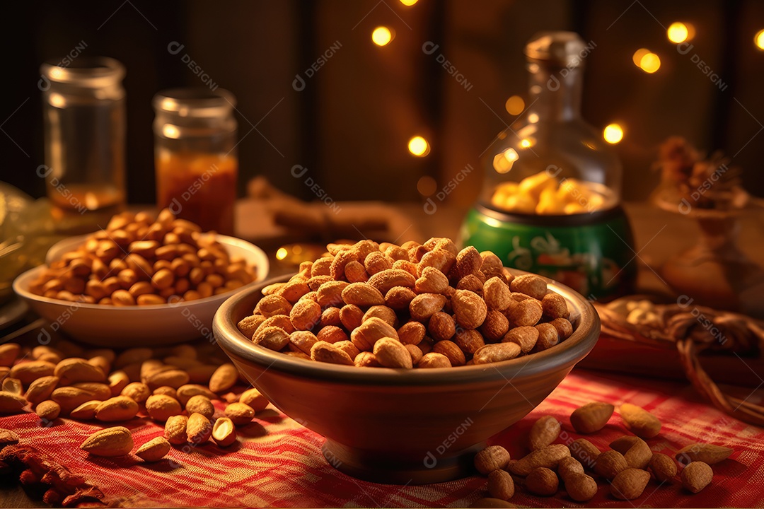 Amendoim doce, salgado e crocante em mesa decorada para a festa junina. São João.