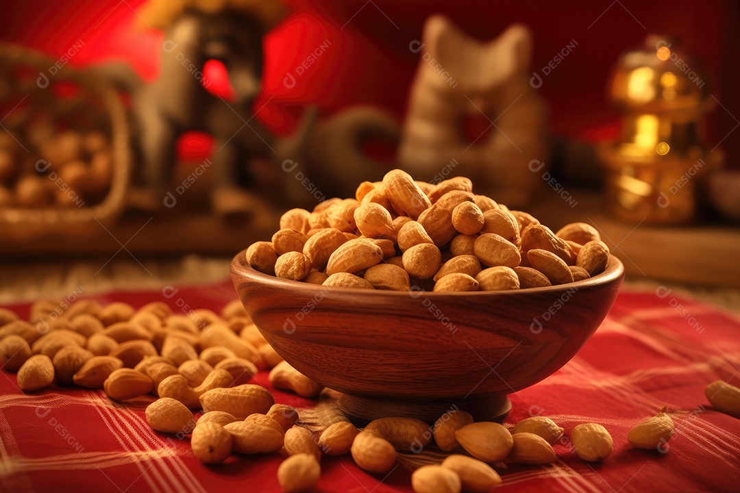 Amendoim doce, salgado e crocante em mesa decorada para a festa junina. São João.