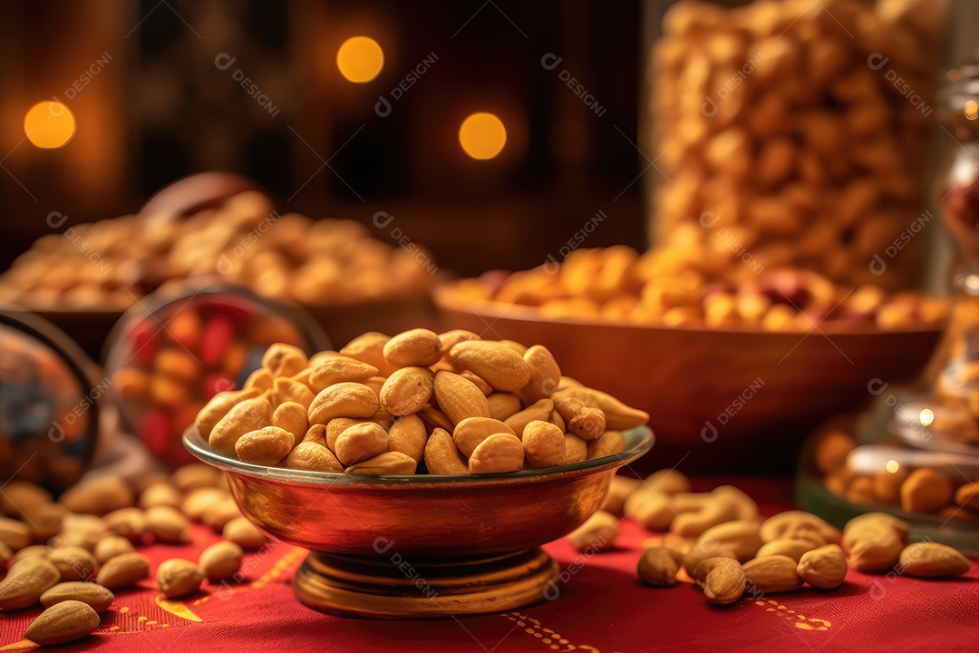 Amendoim doce, salgado e crocante em mesa decorada para a festa junina. São João.
